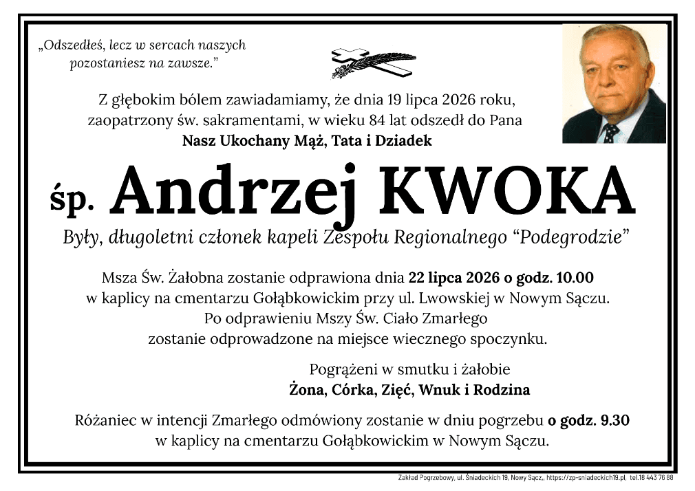 Zmarł Andrzej Kwoka. Wieloletni członek Zespołu Regionalnego „Podegrodzie”
