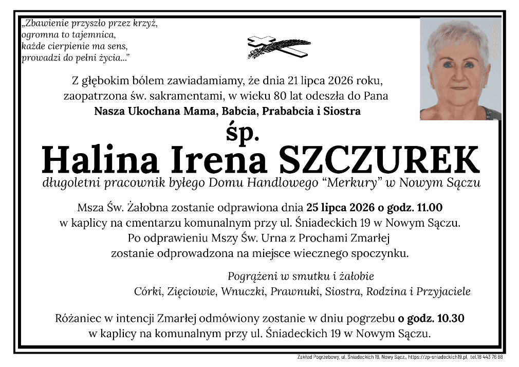 Zmarła Halina Irena Szczurek. Wieloletnia pracownica Domu Handlowego „Merkury”