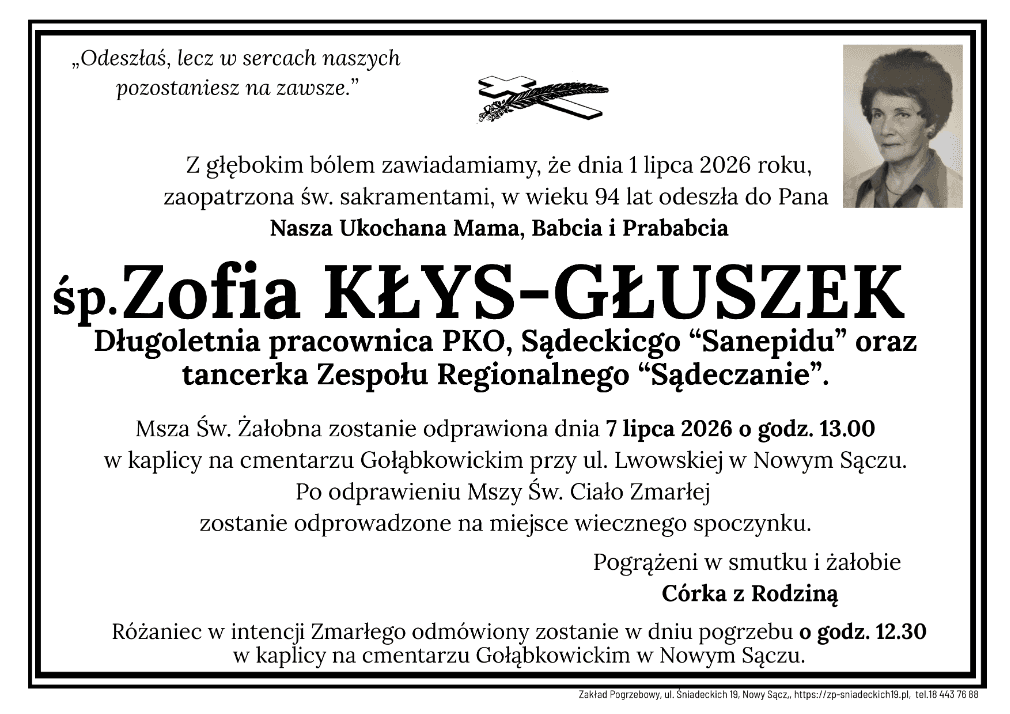 Zmarła Zofia Kłys-Głuszek. Wieloletnia pracownica PKO i Sądeckiego Sanepidu miała 94 lata